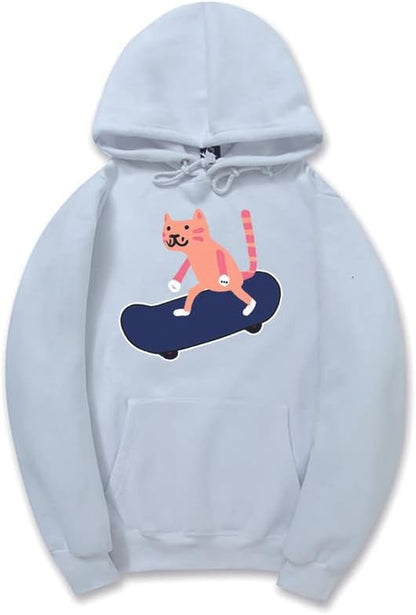 CORIRESHA Sudadera con capucha unisex con diseño de gato y monopatín de dibujos animados, informal, de manga larga, acogedora sudadera de algodón