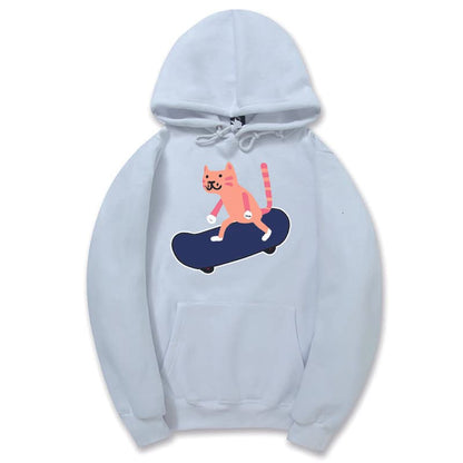 CORIRESHA Sudadera con capucha unisex con diseño de gato y monopatín de dibujos animados, informal, de manga larga, acogedora sudadera de algodón
