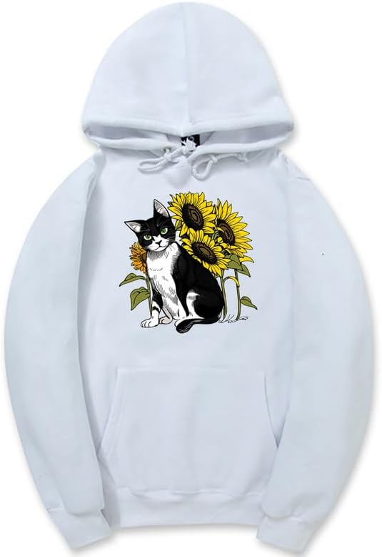 CORIRESHA Lindo Gato Sudadera con capucha Casual Manga Larga Cordón Girasol Sudadera