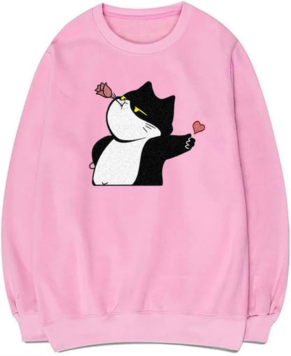 CORIRESHA Women's Cute Cat Heart Crewneck Long Sleeve Casual Soft Pullover Sweatshirt