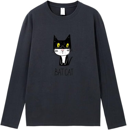 CORIRESHA Teen Funny Cat Bat Crew Neck Long Sleeves Casual Fall T-Shirt