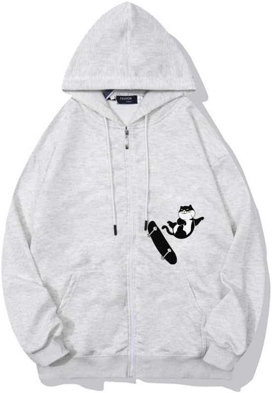 CORIRESHA Teens Cat Lovers Zip Hoodie Casual Drawstring Cute Skateboard Sweatshirt