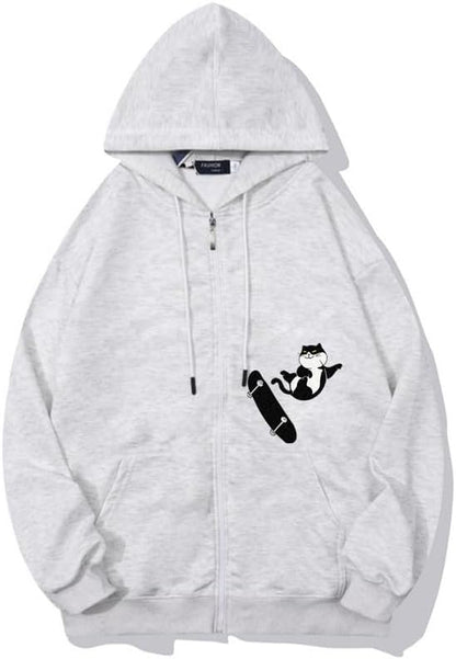 CORIRESHA Teens Cat Lovers Zip Hoodie Casual Drawstring Cute Skateboard Sweatshirt