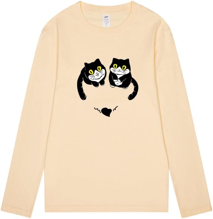 CORIRESHA Women's Teen Cute Cat Crew Neck Long Sleeve Casual Fall Heart T-Shirt