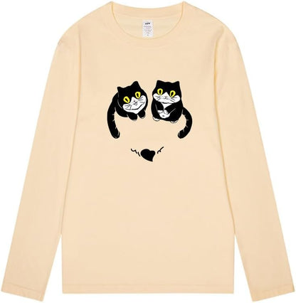 CORIRESHA Women's Teen Cute Cat Crew Neck Long Sleeve Casual Fall Heart T-Shirt