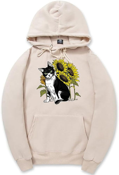 CORIRESHA Lindo Gato Sudadera con capucha Casual Manga Larga Cordón Girasol Sudadera