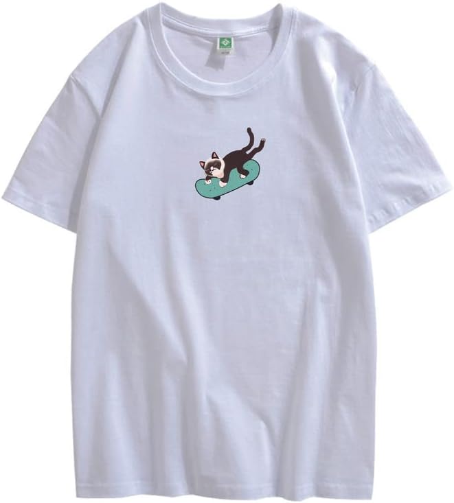 CORIRESHA Hombres Mujeres Monopatín Gato Cuello Redondo Manga Corta Suelta Tallas Grandes Camisetas