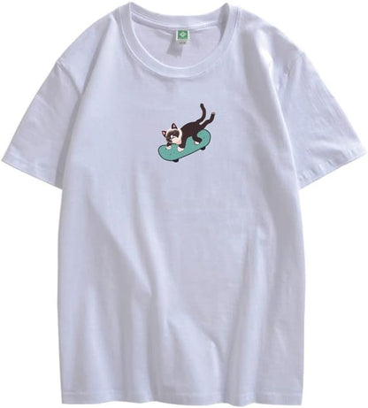 CORIRESHA Hombres Mujeres Monopatín Gato Cuello Redondo Manga Corta Suelta Tallas Grandes Camisetas