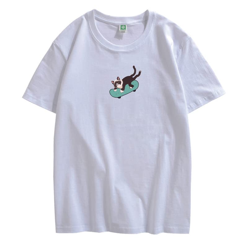 CORIRESHA Hombres Mujeres Monopatín Gato Cuello Redondo Manga Corta Suelta Tallas Grandes Camisetas