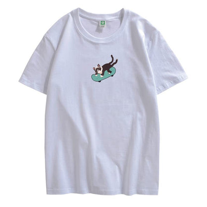 CORIRESHA Hombres Mujeres Monopatín Gato Cuello Redondo Manga Corta Suelta Tallas Grandes Camisetas