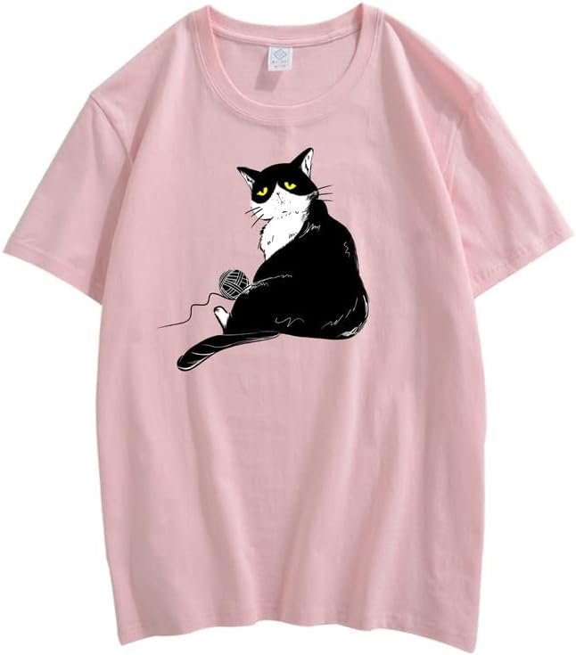 CORIRESHA Teen's Cute Cat T-Shirt Casual Crew Neck Short Sleeve Cotton Loose Top