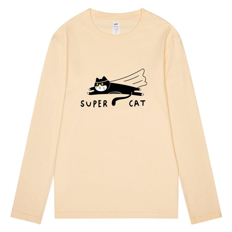 CORIRESHA Unisex Funny Run Cat Crewneck Long Sleeves Cozy Cotton Cute T-Shirts