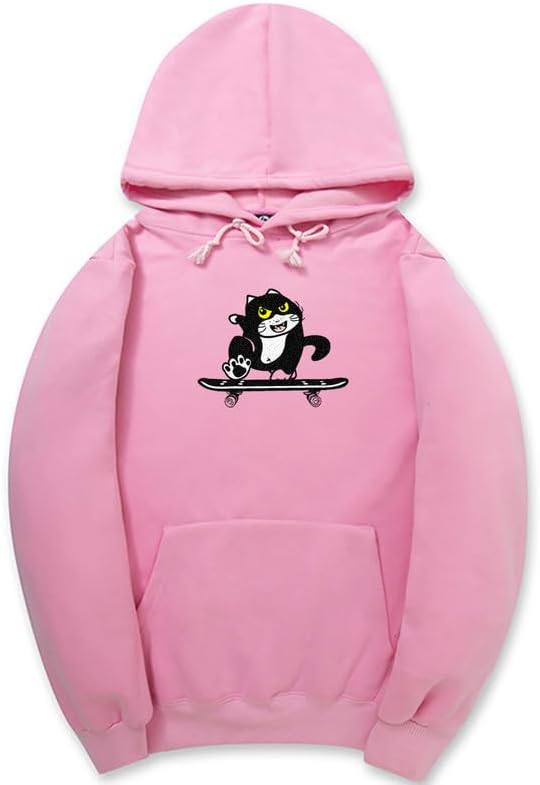 CORIRESHA Cute Cat Skateboard Long Sleeve Drawstring Kangaroo Pocket Hoodie Sweatshirt