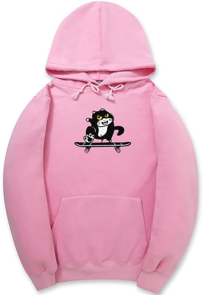 CORIRESHA Cute Cat Skateboard Long Sleeve Drawstring Kangaroo Pocket Hoodie Sweatshirt