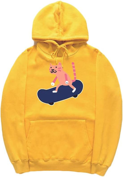 CORIRESHA Sudadera con capucha unisex con diseño de gato y monopatín de dibujos animados, informal, de manga larga, acogedora sudadera de algodón