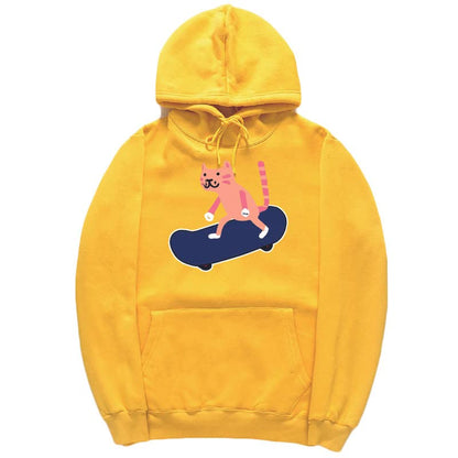 CORIRESHA Sudadera con capucha unisex con diseño de gato y monopatín de dibujos animados, informal, de manga larga, acogedora sudadera de algodón
