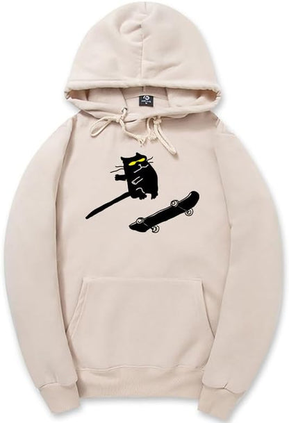 CORIRESHA Funny Cat Skateboard Drawstring Long Sleeve Kangaroo Pocket Hoodie Sweatshirt