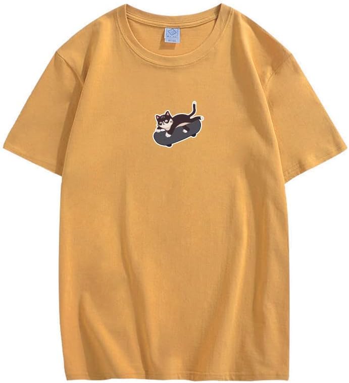 CORIRESHA Unisex Kawaii Ropa Cuello Redondo Manga Corta Lindo Monopatín Gato Camiseta Suelta
