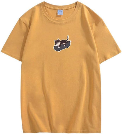 CORIRESHA Unisex Kawaii Ropa Cuello Redondo Manga Corta Lindo Monopatín Gato Camiseta Suelta