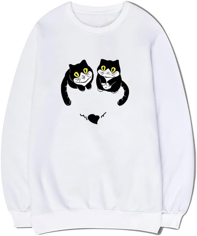CORIRESHA Unisex Cute Cat Sweatshirts Crewneck Long Sleeves Casual Hearts Pullovers