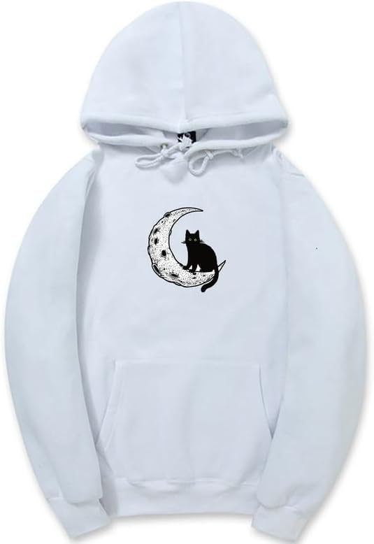 CORIRESHA Sudadera con capucha unisex Moon Cat Casual de manga larga suave y linda sudadera con bolsillo