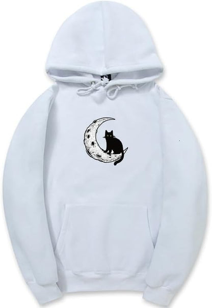 CORIRESHA Sudadera con capucha unisex Moon Cat Casual de manga larga suave y linda sudadera con bolsillo