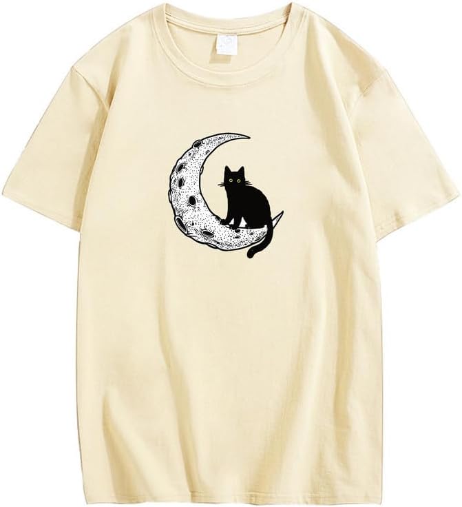 CORIRESHA Camiseta unisex de manga corta con cuello redondo y diseño de gato lunar, informal, de algodón suave