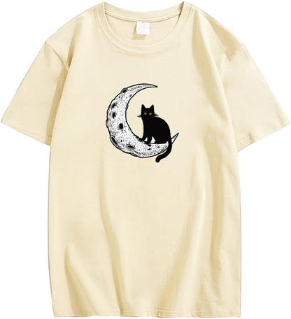 CORIRESHA Camiseta unisex de manga corta con cuello redondo y diseño de gato lunar, informal, de algodón suave