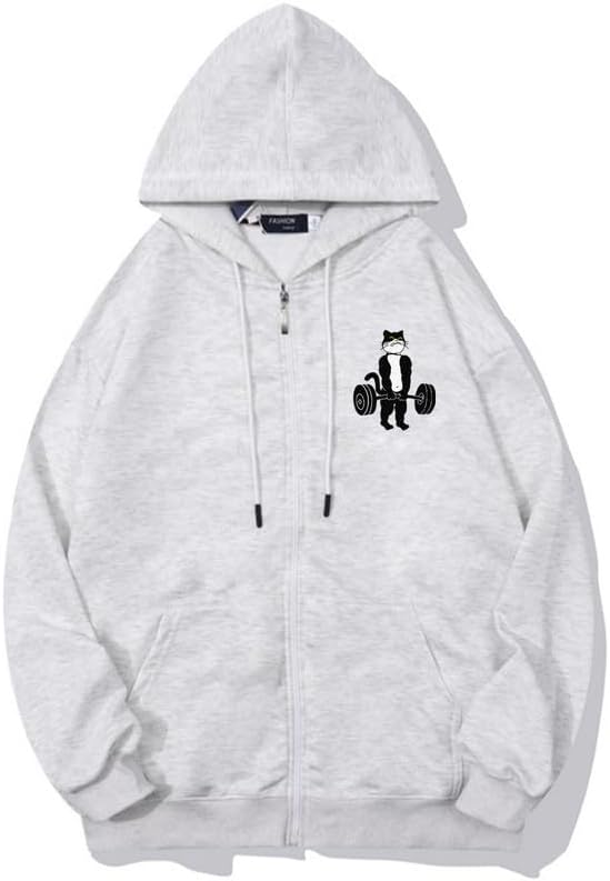 CORIRESHA Unisex Weightlifting Cat Zip Hoodie Long Sleeve Drawstring Fall Jacket