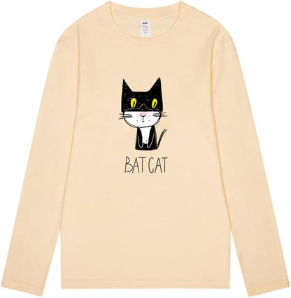 CORIRESHA Teen Funny Cat Bat Crew Neck Long Sleeves Casual Fall T-Shirt