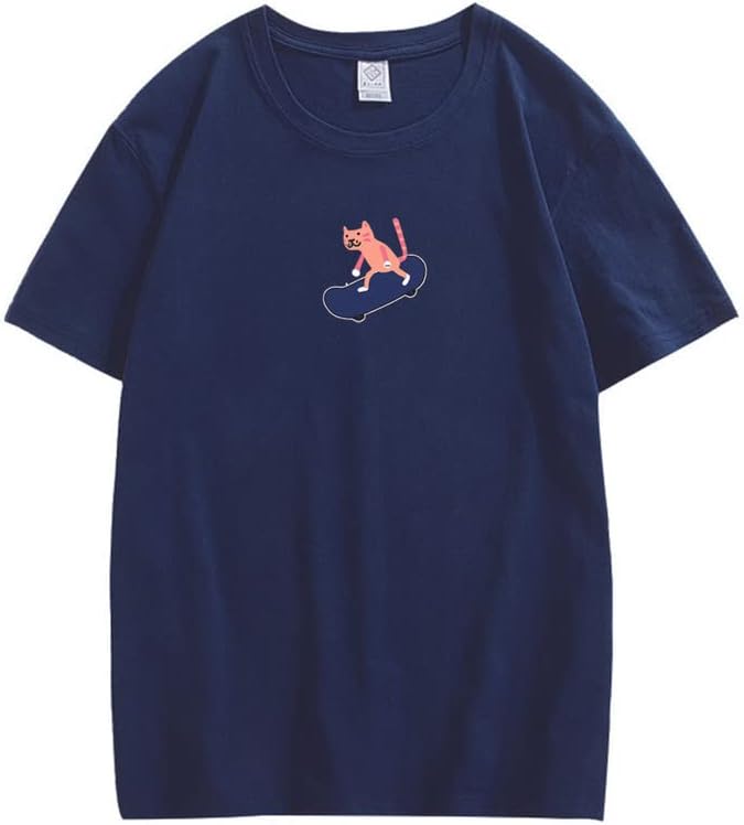 CORIRESHA Unisex Lindo Gato Monopatín Casual Cuello Redondo Manga Corta Suelta Camisetas Divertidas