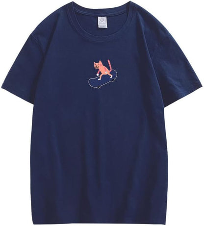 CORIRESHA Unisex Lindo Gato Monopatín Casual Cuello Redondo Manga Corta Suelta Camisetas Divertidas