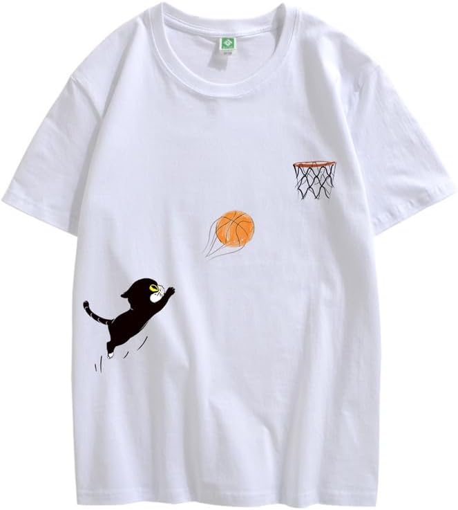 CORIRESHA Teen Cute Cat Basketball Crew Neck Short Sleeve Loose Soft Cotton T-Shirt