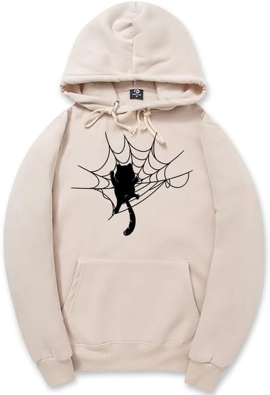 CORIRESHA Halloween Spider Web Hoodie Long Sleeve Drawstring Casual Cat Sweatshirt