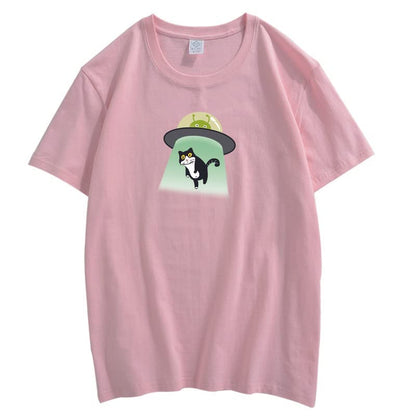 CORIRESHA Alien nave espacial abducción gato vintage unisex divertido espacio camiseta