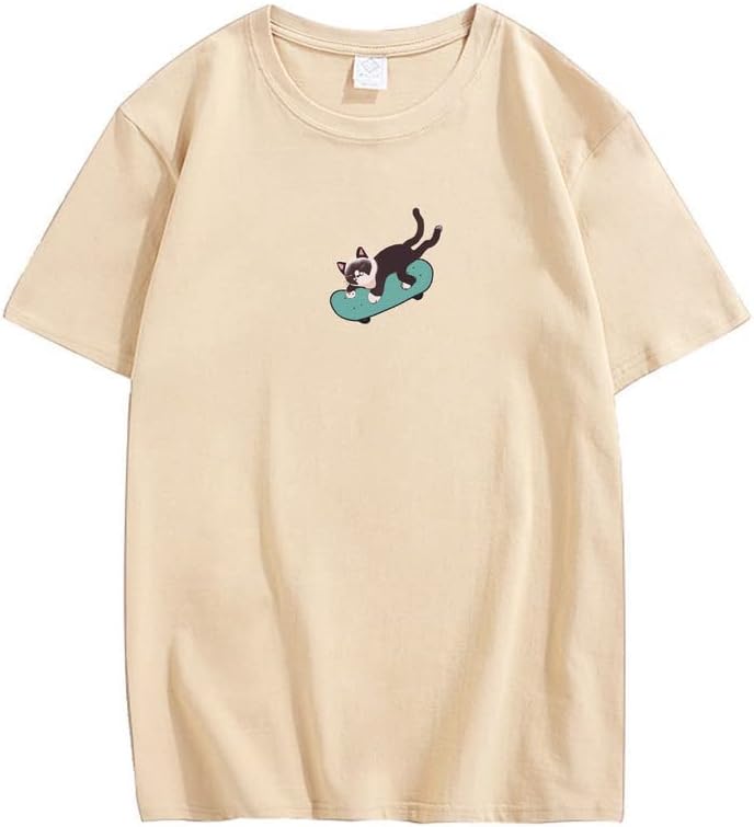 CORIRESHA Hombres Mujeres Monopatín Gato Cuello Redondo Manga Corta Suelta Tallas Grandes Camisetas