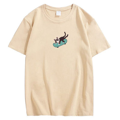 CORIRESHA Hombres Mujeres Monopatín Gato Cuello Redondo Manga Corta Suelta Tallas Grandes Camisetas