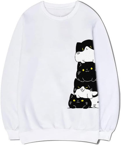 CORIRESHA Teen Cute Cat Crew Neck Long Sleeve Simple Cotton Pullover Sweatshirt