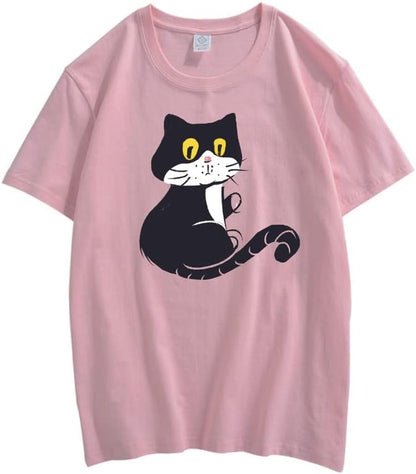 CORIRESHA Teen Cat T-Shirt Round Neck Short Sleeves Loose Soft Cozy Cute Tops