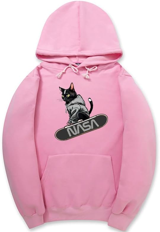 CORIRESHA Adolescente Lindo Gato Skateboarding Sudadera con capucha Casual Manga Larga Cordón Básico NASA Sudadera