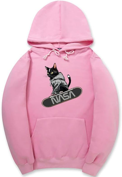 CORIRESHA Adolescente Lindo Gato Skateboarding Sudadera con capucha Casual Manga Larga Cordón Básico NASA Sudadera