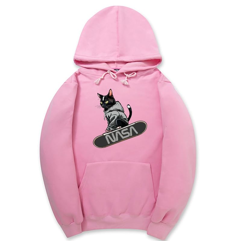 CORIRESHA Adolescente Lindo Gato Skateboarding Sudadera con capucha Casual Manga Larga Cordón Básico NASA Sudadera