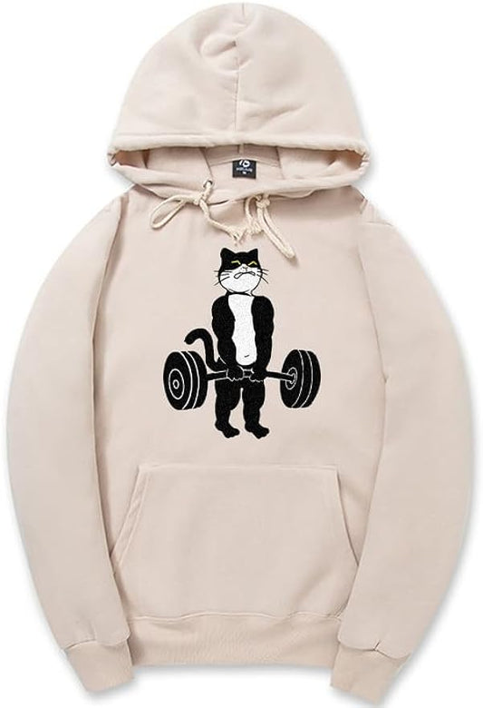 CORIRESHA Unisex Weightlifting Cat Hoodie Long Sleeve Drawstring Kangaroo Pocket Cotton Sweatshirt