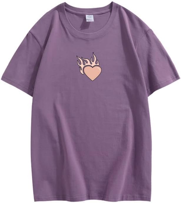 CORIRESHA Adolescente Lindo Corazón Llama Cuello Redondo Manga Corta Casual Algodón San Valentín Camiseta