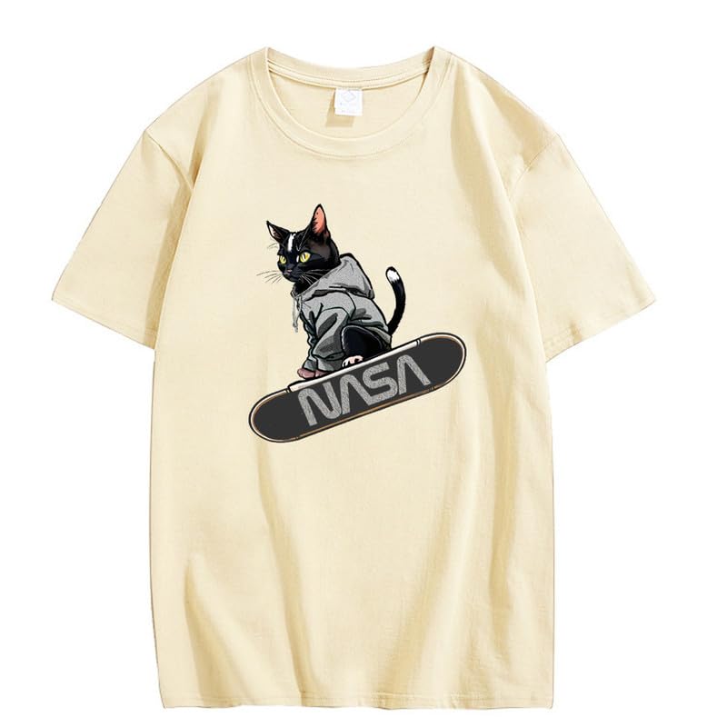 CORIRESHA Women's Cute Cat Skateboard Crew Neck Short Sleeve Casual Loose NASA T-Shirt