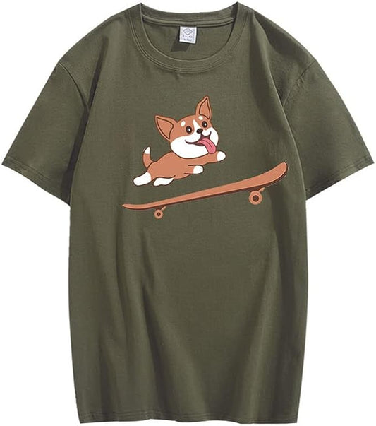 CORIRESHA Adolescente Lindo Shiba Inu Perro Monopatín Cuello Redondo Manga Corta Camiseta Acogedora