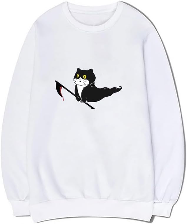 CORIRESHA Teen Ghost Cat Sweatshirt Crewneck Long Sleeve Halloween Gothic Pullover