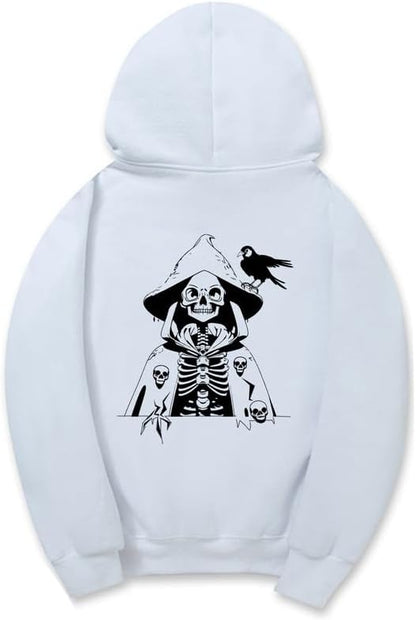 CORIRESHA Sudadera con capucha con estampado de calavera para mujer, manga larga, con cordón, informal, suave, unisex, para Halloween