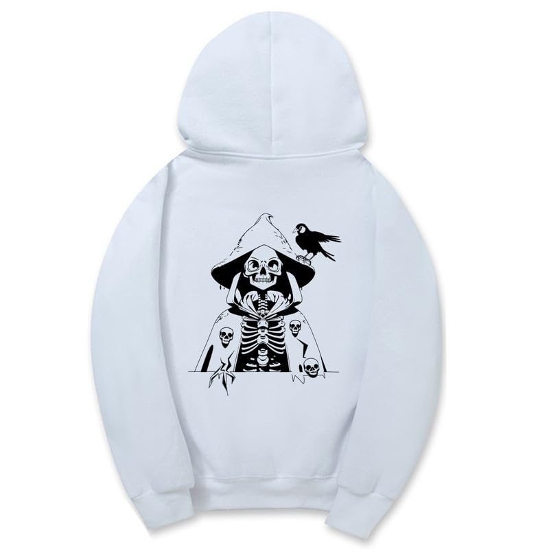 CORIRESHA Sudadera con capucha con estampado de calavera para mujer, manga larga, con cordón, informal, suave, unisex, para Halloween