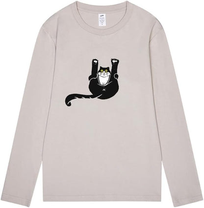 CORIRESHA Unisex Funny Cat Tops Crewneck Long Sleeves Fall Cotton Cute T-Shirts